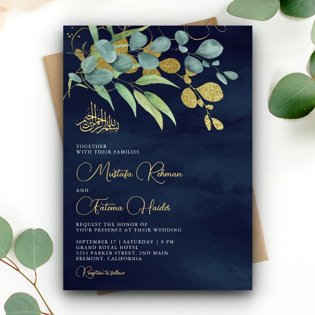 Blaue Eukalyptus Gold Zweig Islamische Hochzeit Einladung (Von Creator hochgeladen)