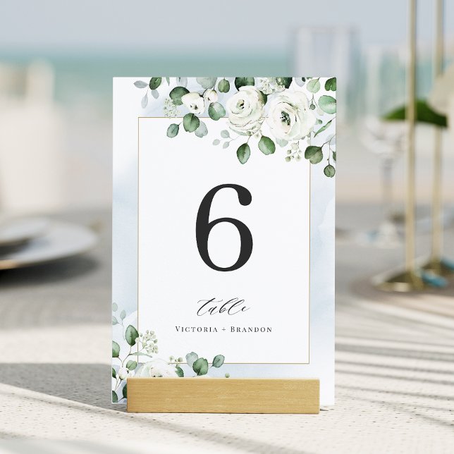 Blaue Eukalyptus-Grüne Blumenhochzeit Tischnummer (Dusty blue eucalyptus greenery floral wedding table number)