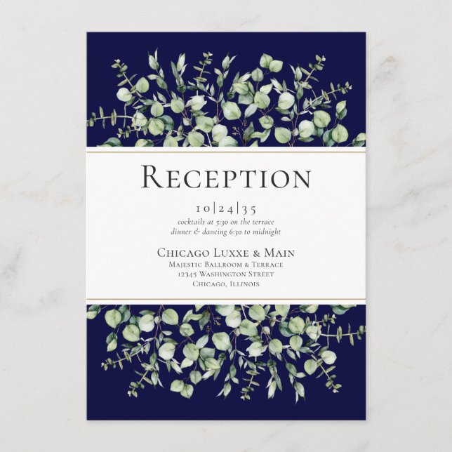 Blaue Eukalyptus-Hochzeitsempfang Begleitkarte (Vorderseite)