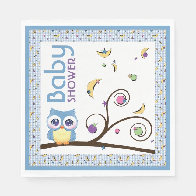 Blaue Eule Baby Mädchen Shower Himmelsmond Stern Serviette (Vorderseite)