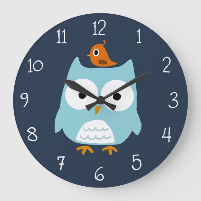 Blaue Eule und Niedlicher Orangenvogel Große Wanduhr (Vorderseite)