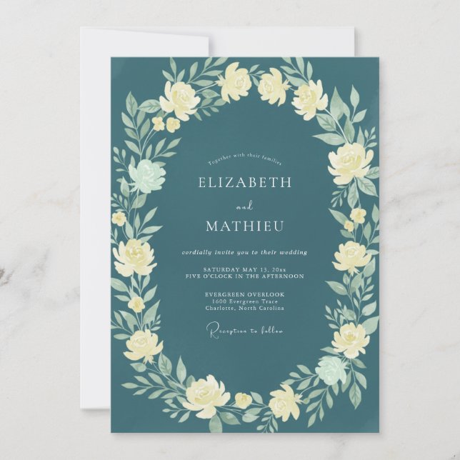 Blaue Exquisite Botanische Hochzeit Einladung (Vorderseite)