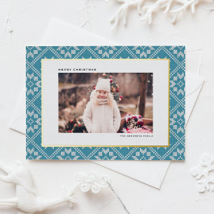 Blaue Fair Isle Winter Strickmuster Foto Weihnacht Folien Feiertagspostkarte