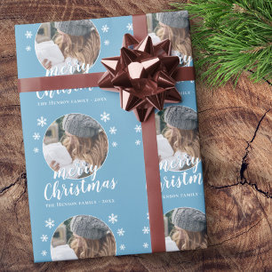 Blaue Familienfoto-Schneeflocke Frohe Weihnachten Geschenkpapier