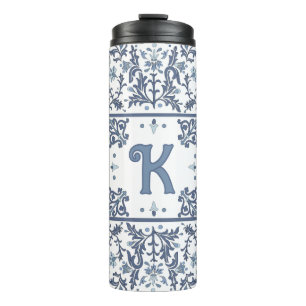 Blaue Fancy Blumen Grafik Muster Personalisiert Thermosbecher