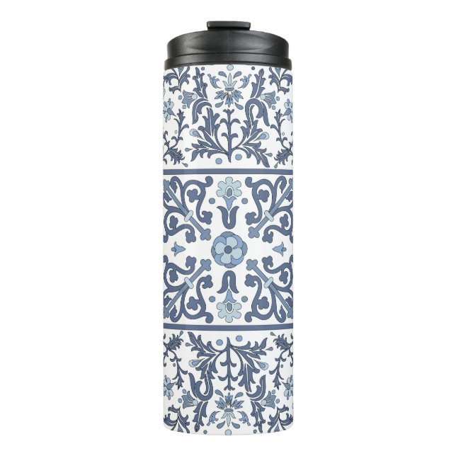 Blaue Fancy Blumen Grafik Muster Thermosbecher (Vorderseite)