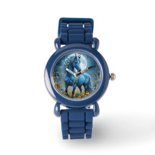 Blaue Fantasy Magical Horse Moon Blume, Armbanduhr