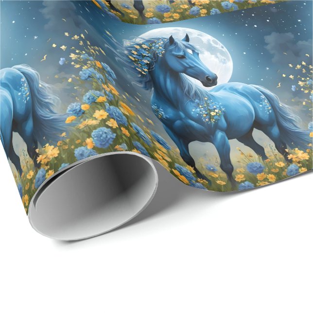 Blaue Fantasy Magical Horse Moon Blume, Geschenkpapier (Rolleneckpunkt)