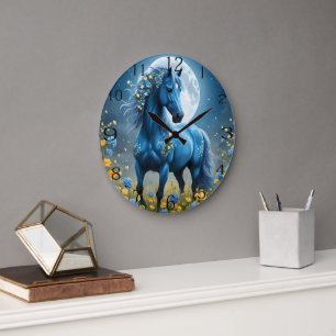 Blaue Fantasy Magical Horse Moon Blume, Große Wanduhr