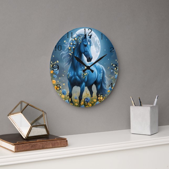 Blaue Fantasy Magical Horse Moon Blume, Große Wanduhr (Büro)