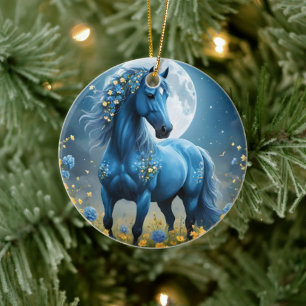 Blaue Fantasy Magical Horse Moon Blume, Keramik Ornament