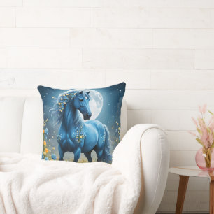 Blaue Fantasy Magical Horse Moon Blume, Kissen