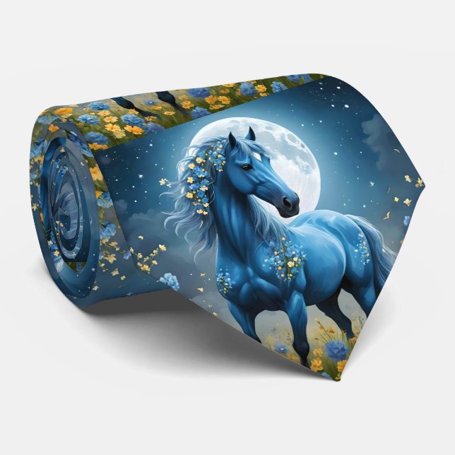 Blaue Fantasy Magical Horse Moon Blume, Krawatte (Gerollt)