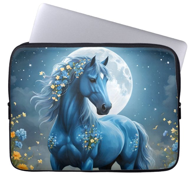 Blaue Fantasy Magical Horse Moon Blume, Laptopschutzhülle (Vorderseite)