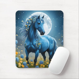 Blaue Fantasy Magical Horse Moon Blume, Mousepad