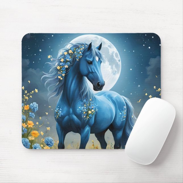 Blaue Fantasy Magical Horse Moon Blume, Mousepad (Mit Mouse)