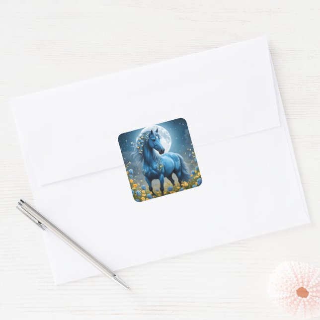 Blaue Fantasy Magical Horse Moon Blume, Quadratischer Aufkleber (Umschlag)