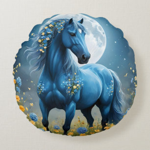Blaue Fantasy Magical Horse Moon Blume, Rundes Kissen