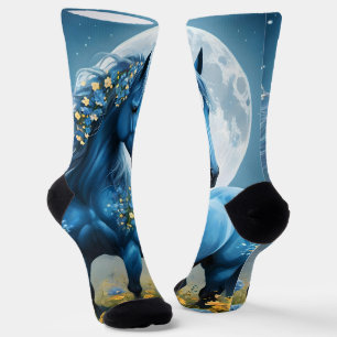 Blaue Fantasy Magical Horse Moon Blume, Socken