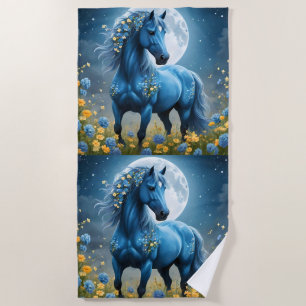 Blaue Fantasy Magical Horse Moon Blume, Strandtuch
