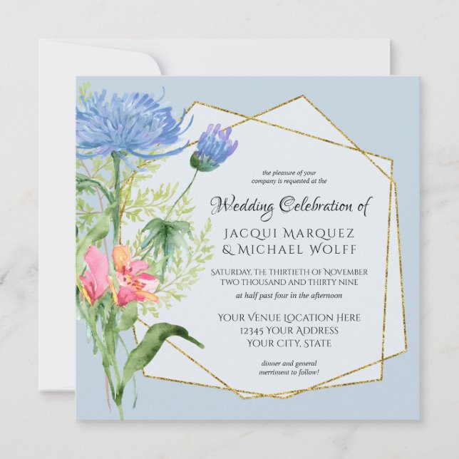 Blaue Farbe Rosa Elegantes Flora und Fauna Einladung (Vorderseite)