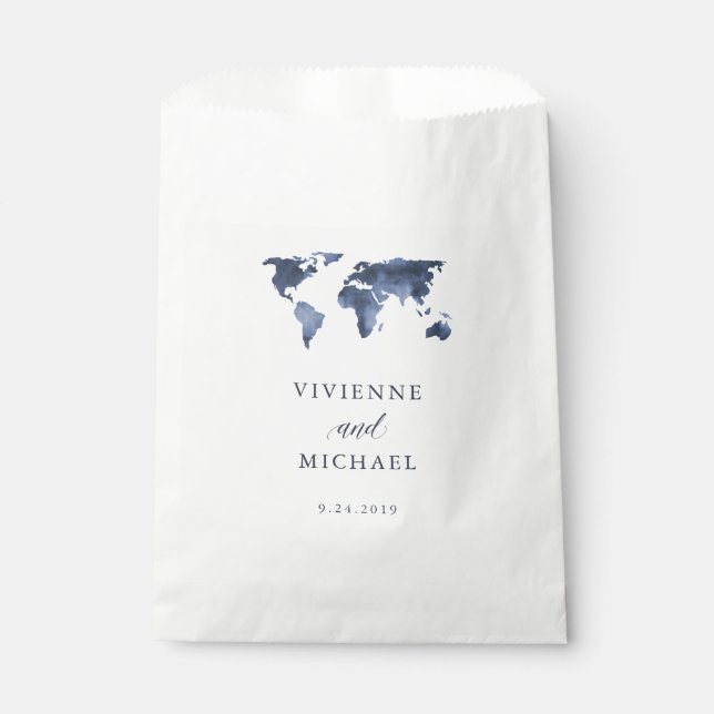 Blaue Farbe | Weltkarte Hochzeit Geschenktütchen (Vorderseite)
