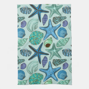 Blaue Farbschattierungen Muscheln Und Seestern Mus Geschirrtuch