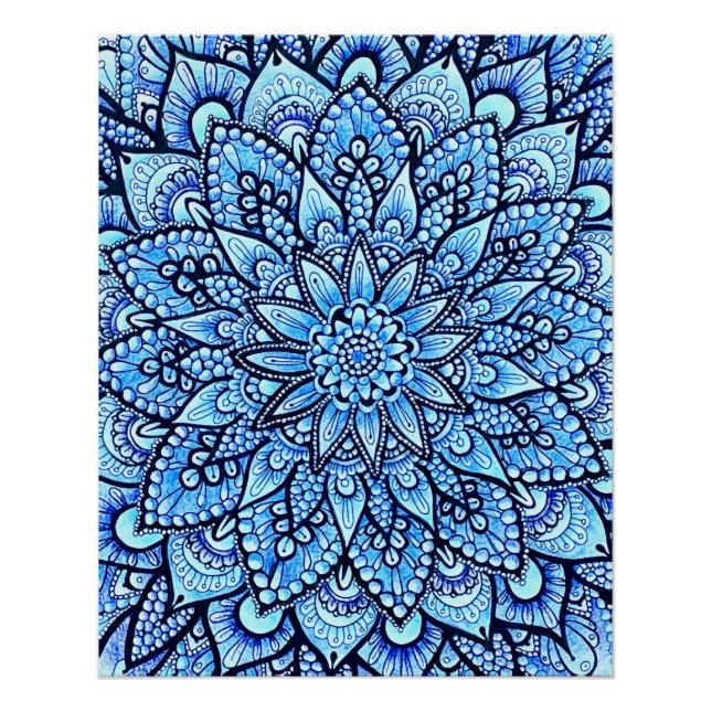 Blaue Farbstift-Mandala-Design Glänzendes Poster (Vorderseite)