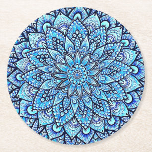 Blaue Farbstift-Mandala-Design-Kunst Runder Pappuntersetzer
