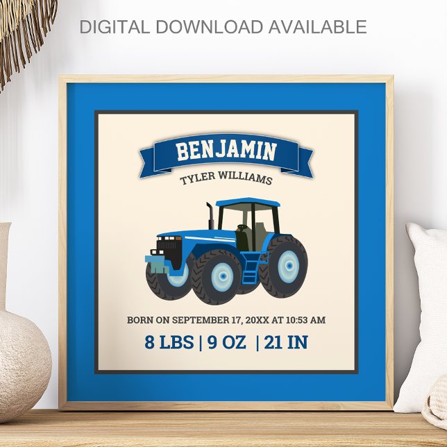 Blaue Farm-Traktor-Baby-Geburtsstatistik Poster (Von Creator hochgeladen)
