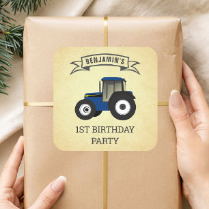 Blaue Farm Traktor Kindergeburtstagsfeier Quadratischer Aufkleber
