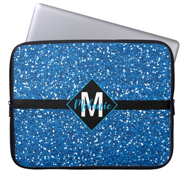 Blaue Faux-Glitter mit Monogramm Laptopschutzhülle (Vorderseite)