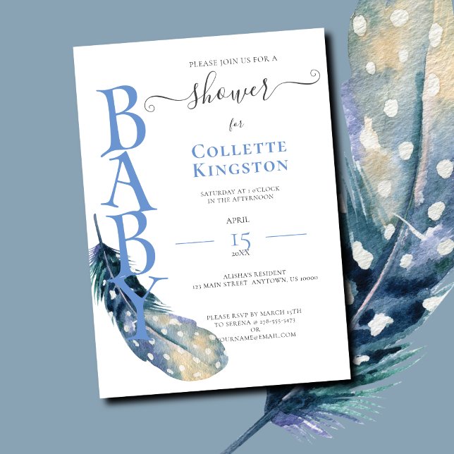 BLAUE FEATHER BOY BABY SHOWER Einladung (Blue Feather Baby Invitations)