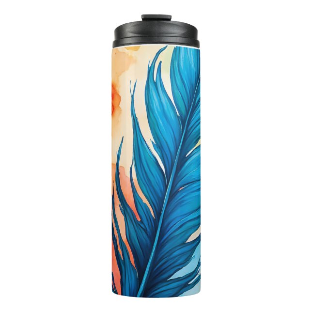 blaue Feder Aquarellmalerei Thermosbecher (Vorderseite)