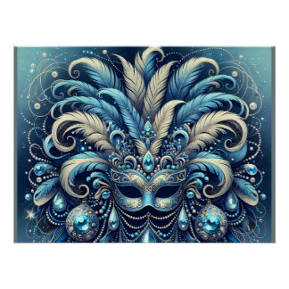 Blaue Feder-Maskenballmasken-Illustration Poster