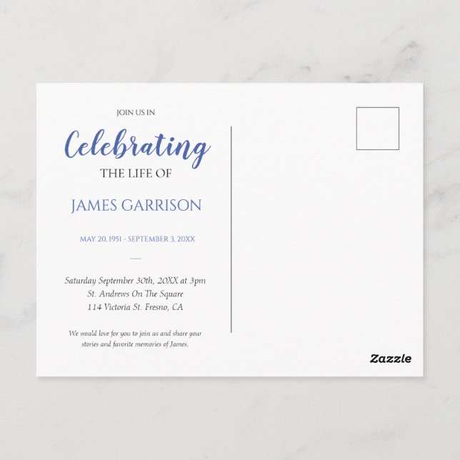 Blaue Feier mit Foto Beerdigung Einladung Postkarte (Rückseite)