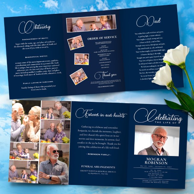 Blaue Feier zur Beerdigung des Fotos des Lebens Dreifach-gefaltete Programmkarte (Elegant Funeral Program Template Foldable – Celebration of Life,Obituary,Photo Collage, Order)