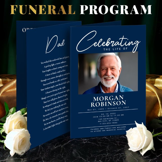 Blaue Feier zur Beerdigung des Fotos des Lebens Programm (Elegant Funeral Program Foldable – Celebration of Life,Obituary,Photo Collage, Order  of Service)