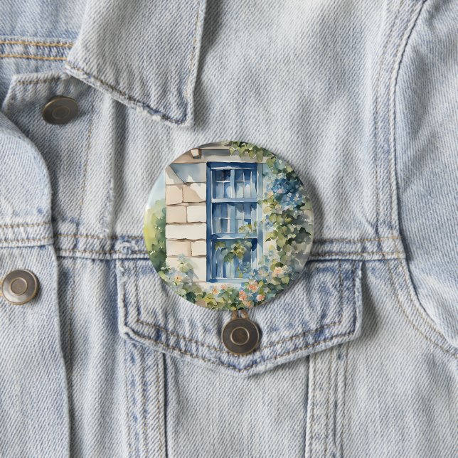 Blaue Fenster-Steinmauer-Cottage-Reben Button (Beispiel)