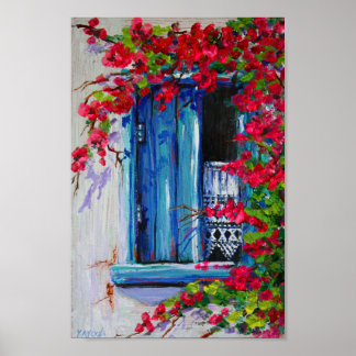 Blaue Fensterläden mit Bougainvillea Poster