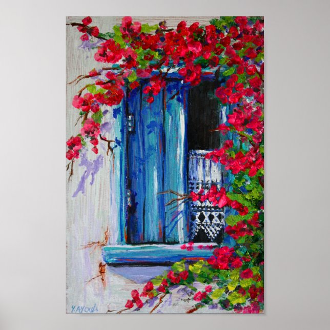 Blaue Fensterläden mit Bougainvillea Poster (Vorne)
