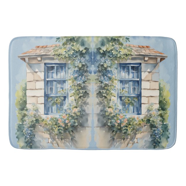 Blaue Fenstersteinmauer Cottage Reben Badematte (Vorderseite)