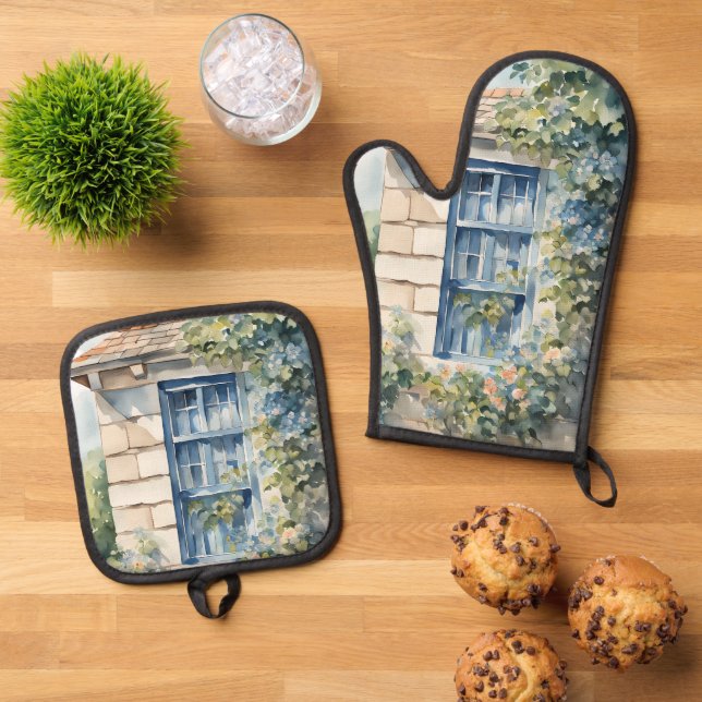 Blaue Fenstersteinmauer Cottage Reben Ofenhandschuh & Topflappen-Set (Oben Unten)