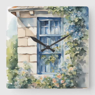 Blaue Fenstersteinmauer Cottage Reben Quadratische Wanduhr