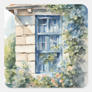 Blaue Fenstersteinmauer Cottage Reben Quadratischer Aufkleber