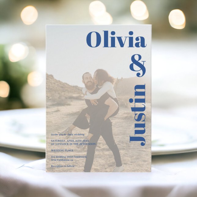 Blaue fette Namen 2 Fotos Qr Code Hochzeit Einladung (Blue bold names 2 photos Qr code wedding Invitation)