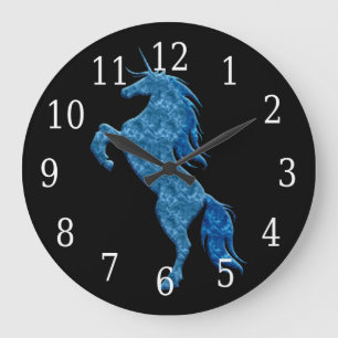Blaue Feuer-Einhorn-Uhr Große Wanduhr