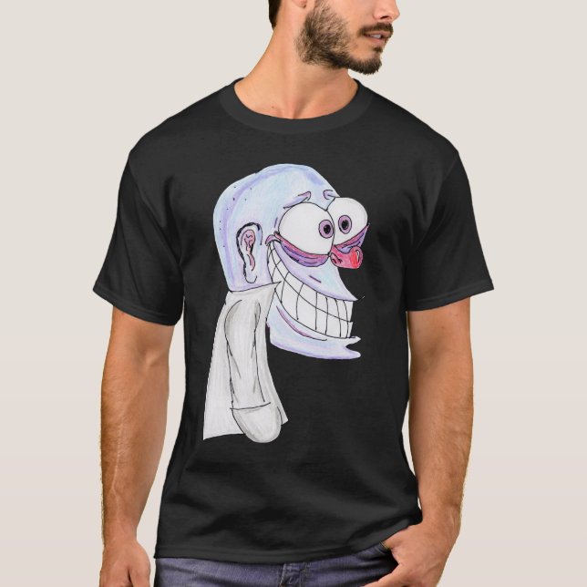blaue Figur lächelnd mit Mantel T-Shirt (Vorderseite)