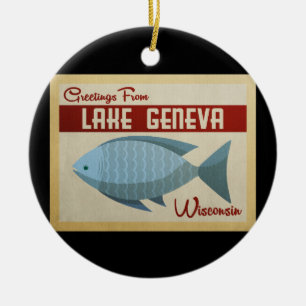 Blaue Fisch-Vintage Reise Genfersees Wisconsin Keramik Ornament