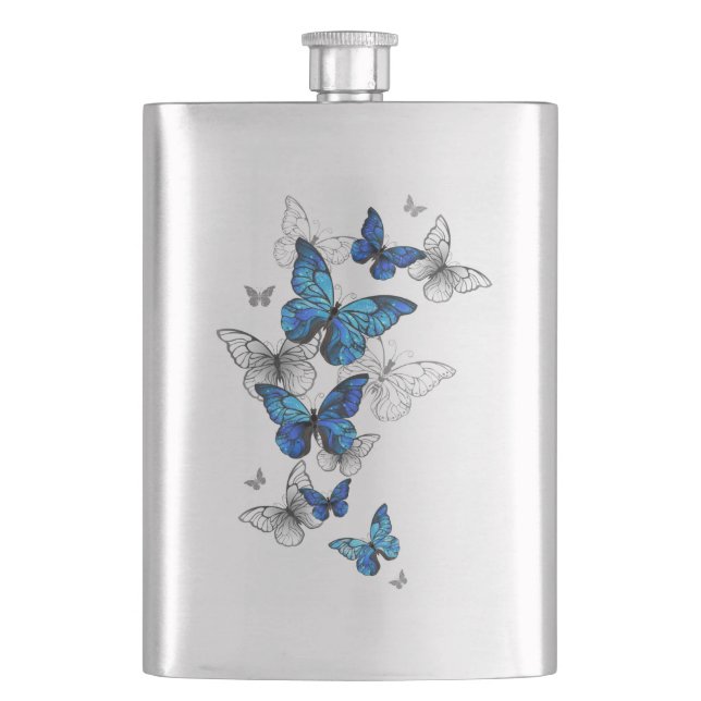 Blaue fliegende Schmetterlinge Morpho Flachmann (Vorderseite)